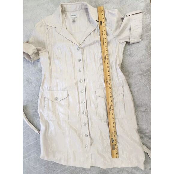 Chico's Button Front Shirt Dress Beige Shimmer 3.5/ XL Short Sleeves Pockets - Picture 10 of 15